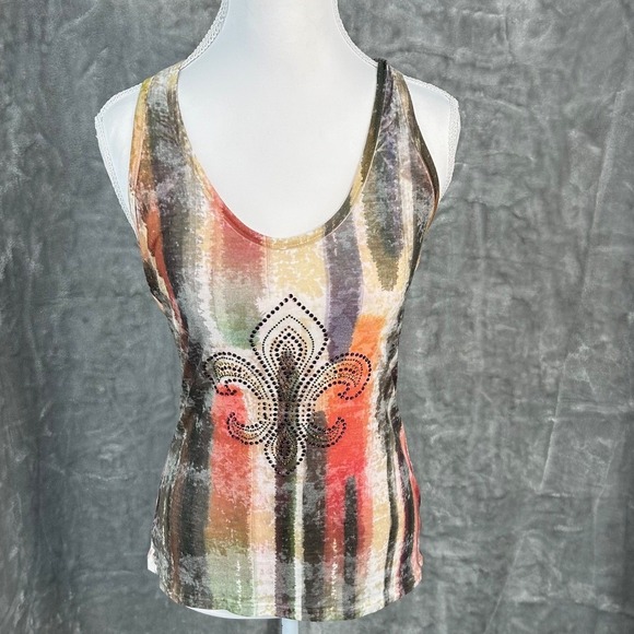 Twentyone Tops - FleurDeLis Rhinestone Abstract Racerback Semi Sheer Tank Top M Indie Grunge Y2K